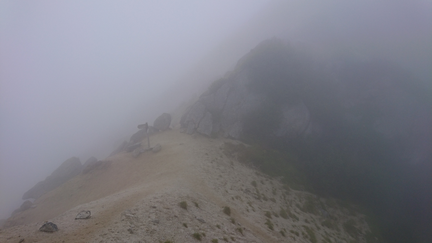 山頂直下の分岐、濃霧と突風の世界
