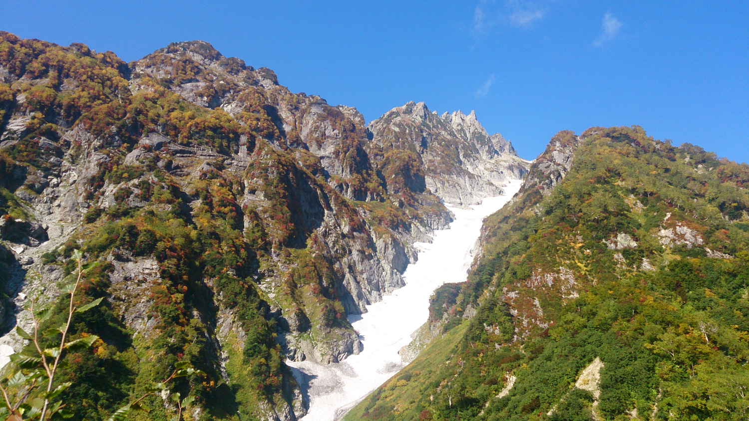 仙人新道から三の窓雪渓と裏剱から八つ峰のギザギザ